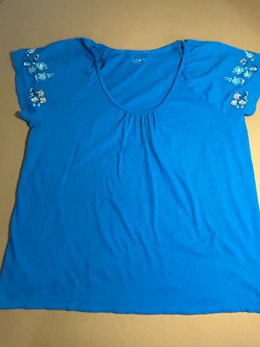LOFT Bright Blue Scoop Neck Tee with Embroidered Cap Sleeves